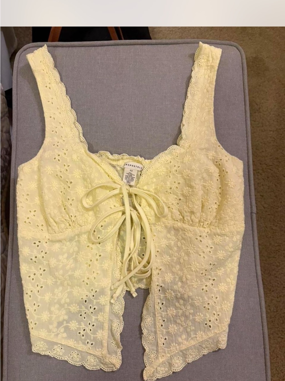 Aeropostale Pale Yellow Eyelet Lace Front-Tie Tank Top